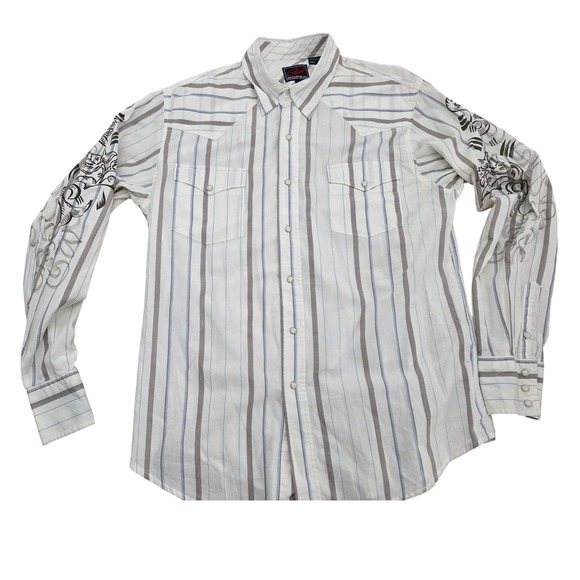 Roper Western Shirt Mens L White Stripe Embroidered Sleeves Cotton Button Up - Picture 2 of 15